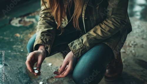 Young person kneeling on the ground while holding pills in a dimly lit, abandoned location