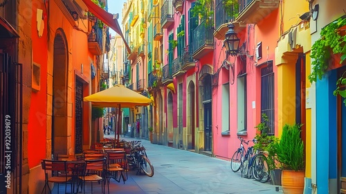 Fototapeta Naklejka Na Ścianę i Meble -  73. **Vibrant street scene with colorful buildings and lively outdoor cafes in Barcelona