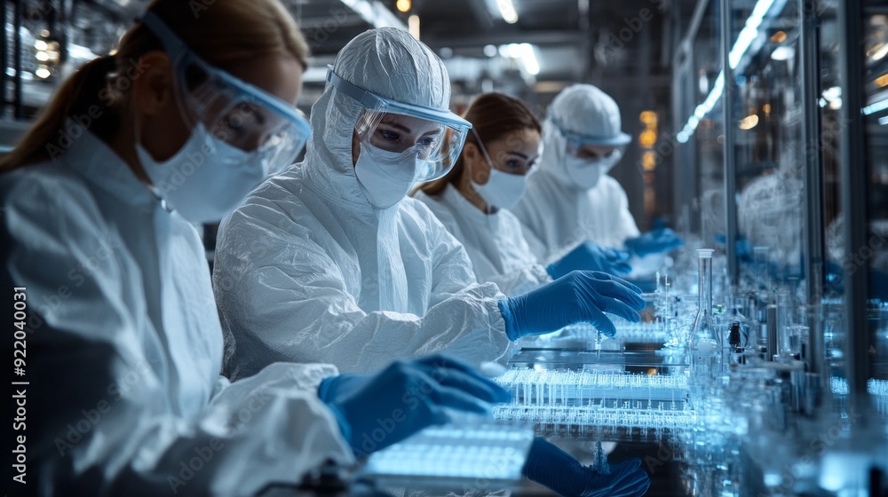 Four scientists in white lab coats and gloves working on a project Four scientists in white lab coats and gloves working on a project