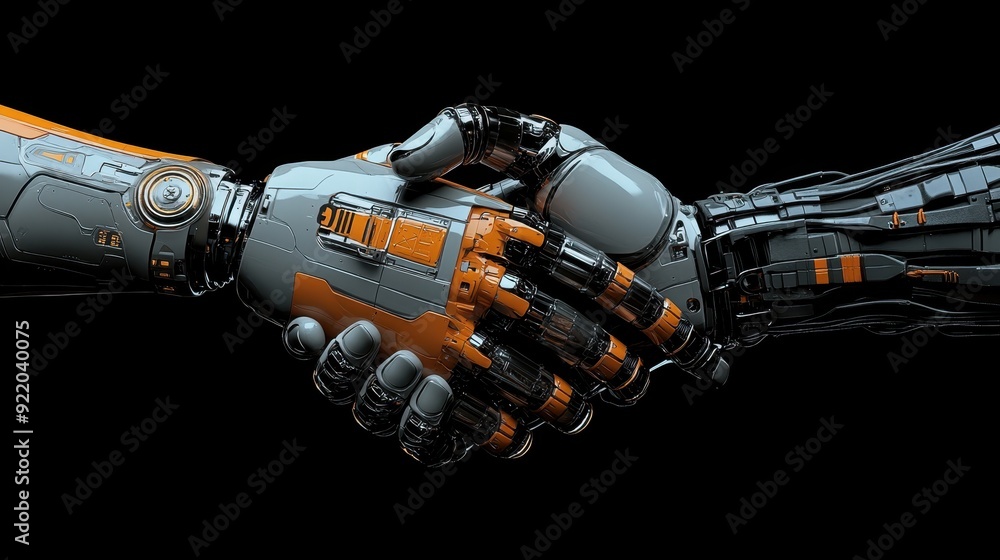 Photo of A robot hand and human arm shaking hands, symbolizing the integration between technology and humanity on black background Photo of A robot hand and human arm shaking hands, symbolizing the integration between technology and humanity on black background