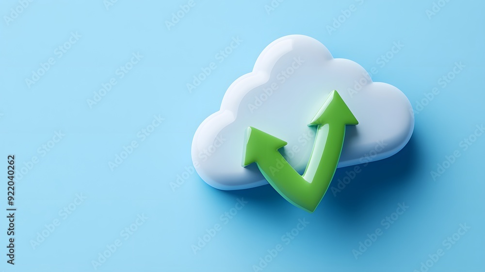 Cloud computing concept with white cloud and green arrows on blue background, symbolizing data upload and download. Cloud computing concept with white cloud and green arrows on blue background, symbolizing data upload and download.