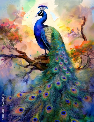 Radiant Peacock with Golden, Blue, and Green Feathers in Forest Light