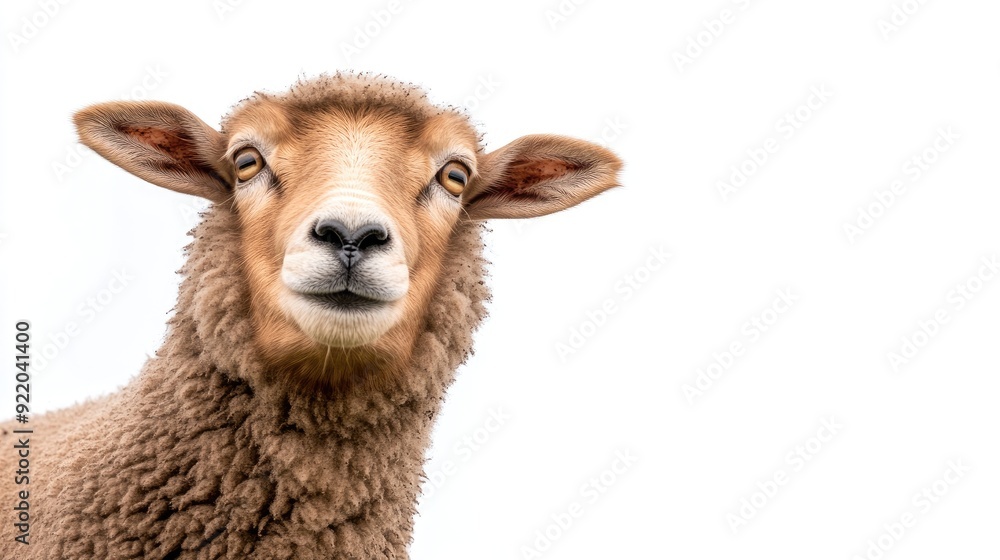 Naklejka premium A charming sheep gazes curiously at the camera against a soft, symmetrical background, highlighting its fluffy wool and serene expression