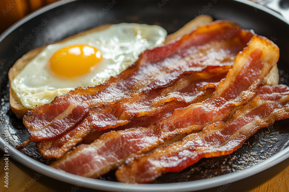 **Crispy bacon strips sizzling in a skillet with a side of eggs and toast with copy space. Warm, appetizing light. **Crispy bacon strips sizzling in a skillet with a side of eggs and toast with copy space. Warm, appetizing light.