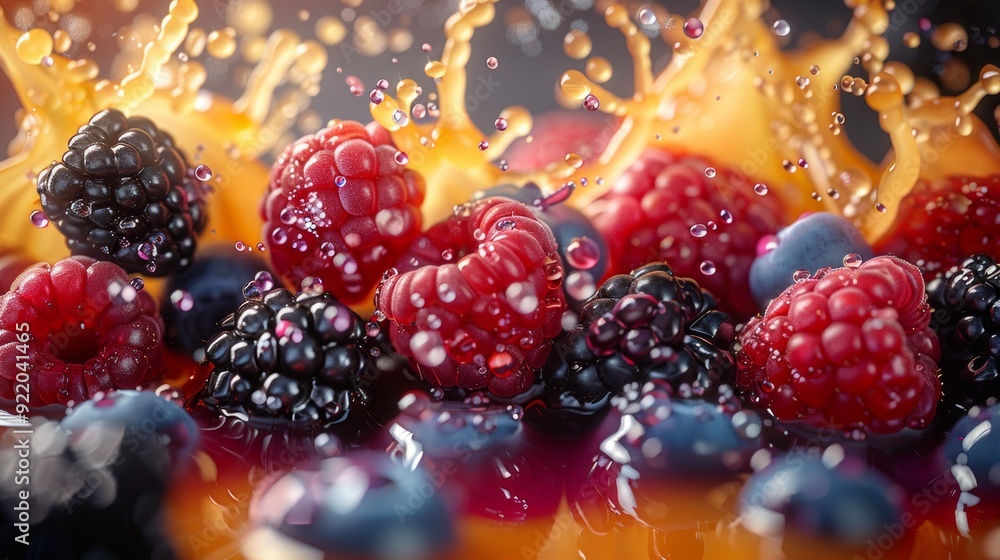 Fresh mixed berries splashing in a vibrant display of juice Fresh mixed berries splashing in a vibrant display of juice