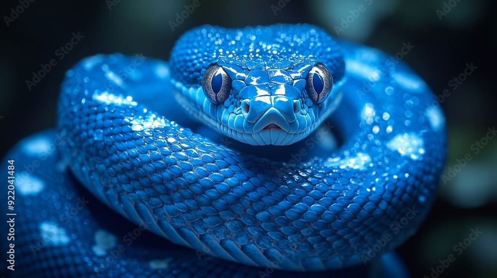 Fototapeta premium Blue snake coiled and staring with scales glistening