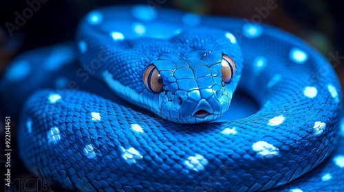 Blue python posing on a branch with its scales gleaming