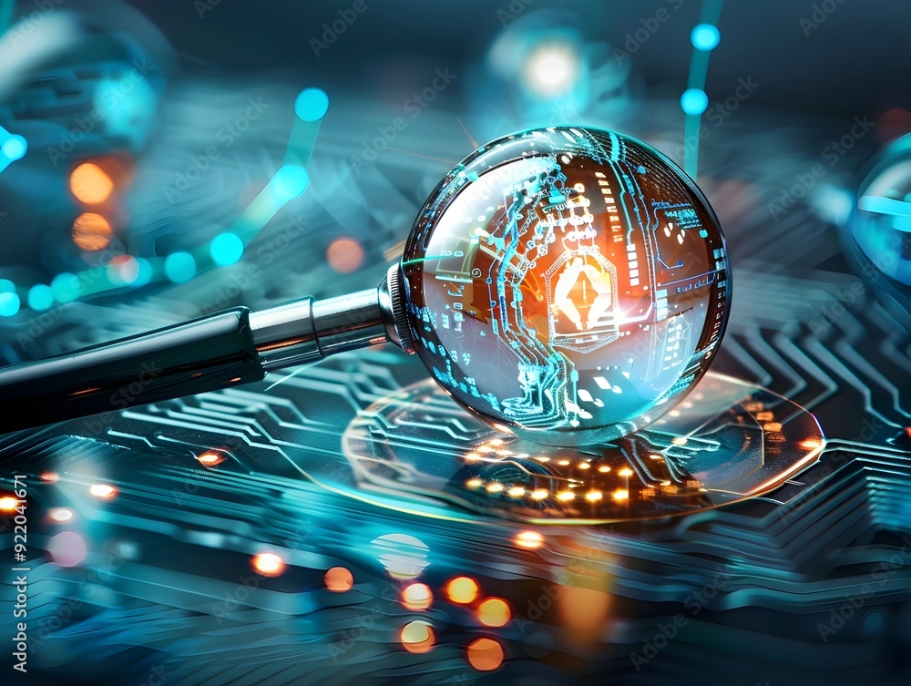 Cyber Security - Magnifying Glass with Circuit Board. Cyber Security - Magnifying Glass with Circuit Board.