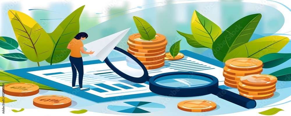 Naklejka premium Businesswoman Analyzing Financial Data with Magnifying Glass and Coins.