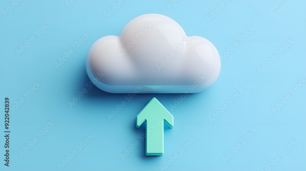 Cloud upload concept with an arrow pointing to a white cloud on a blue background symbolizing cloud storage and data transfer. Cloud upload concept with an arrow pointing to a white cloud on a blue background symbolizing cloud storage and data transfer.