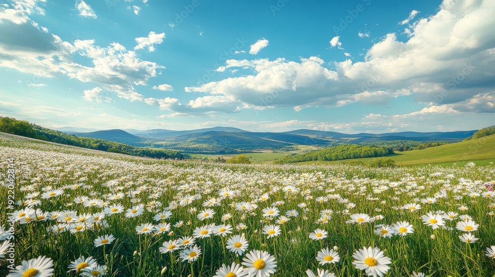 A serene landscape featuring a field of daisies under a blue sky with mountains in the background. A serene landscape featuring a field of daisies under a blue sky with mountains in the background.