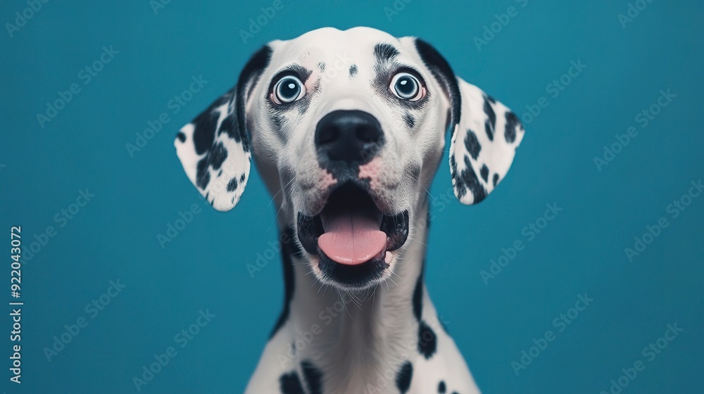 Studio portrait of a dalmatian dog with a surprised face isolated on blue background. Studio portrait of a dalmatian dog with a surprised face isolated on blue background.