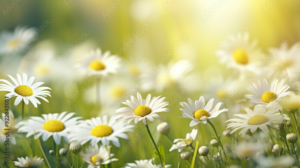 Fototapeta premium White daisy flowers blooming in a sunny green meadow during a bright summer day.
