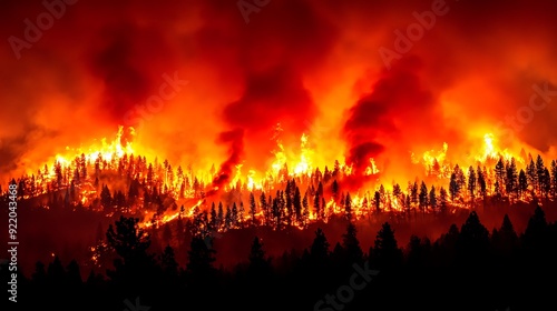 Raging Wildfire Consumes Forest at Night