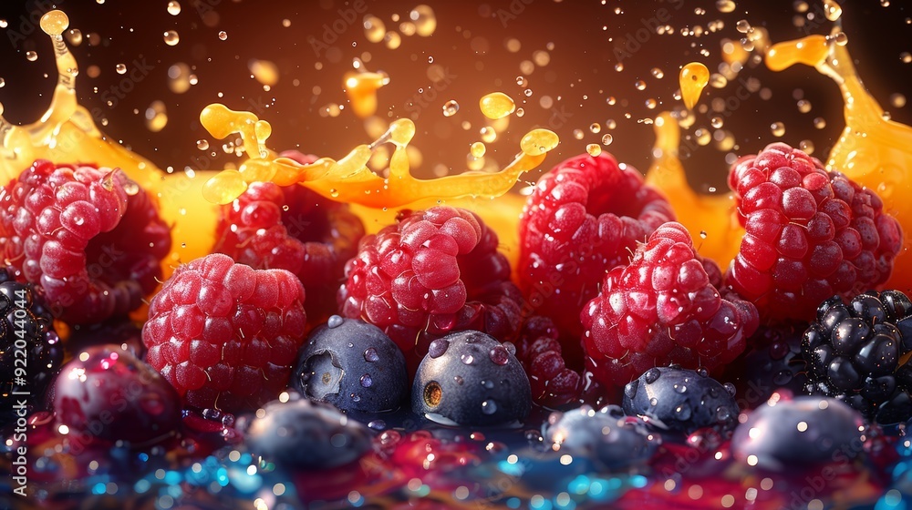 Fresh berries splashing in vibrant orange juice against a dark background Fresh berries splashing in vibrant orange juice against a dark background