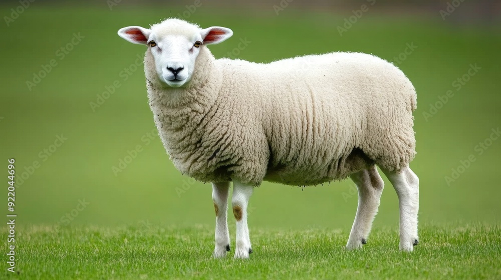 A sheep stands proudly atop a vibrant, grassy hill, looking straight into the camera under the warm glow of bright natural sunlight A sheep stands proudly atop a vibrant, grassy hill, looking straight into the camera under the warm glow of bright natural sunlight