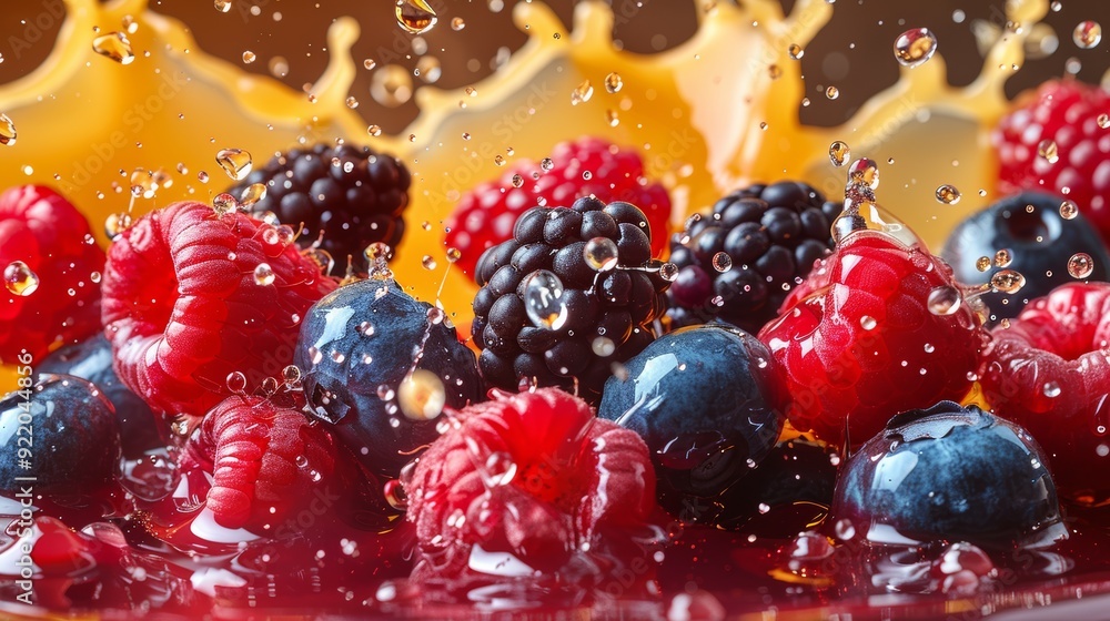 Fresh berries splashing in juice with vibrant droplets in a sunny kitchen setting Fresh berries splashing in juice with vibrant droplets in a sunny kitchen setting