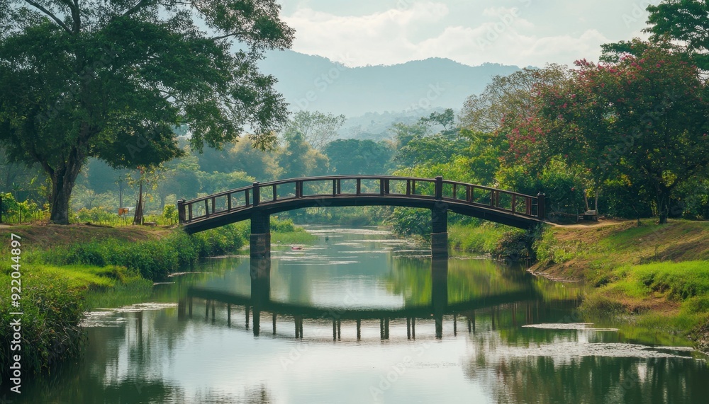 Wooden bridge over calm river surrounded by lush greenery on a tranquil afternoon Wooden bridge over calm river surrounded by lush greenery on a tranquil afternoon