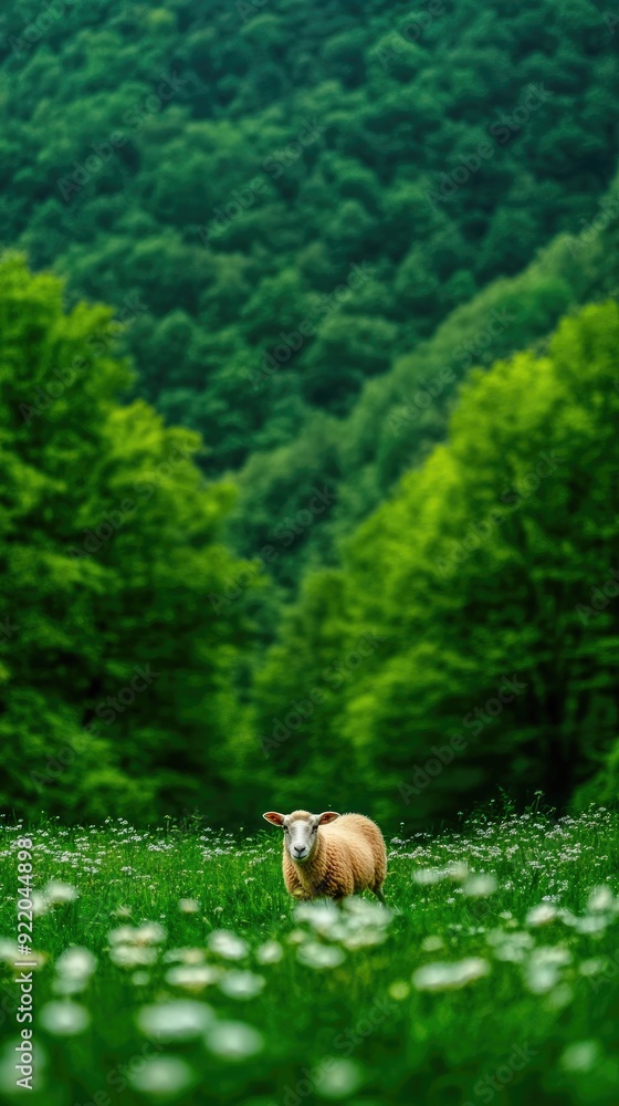 A sheep gazes curiously while standing on a lush green hill, surrounded by vibrant trees and a serene natural landscape A sheep gazes curiously while standing on a lush green hill, surrounded by vibrant trees and a serene natural landscape