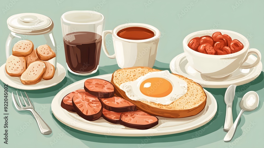 Victorian diner serving traditional English breakfast with raw illustration Victorian diner serving traditional English breakfast with raw illustration