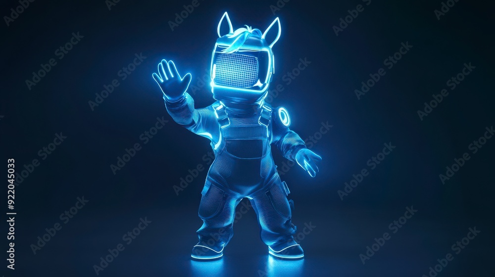 Fototapeta premium A futuristic character in a glowing suit with a helmet, waving in a digital environment.