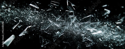 Sharp shards of glass exploding on black background