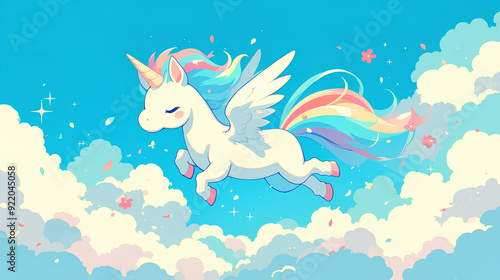 cute unicorn colorful with blue sky background