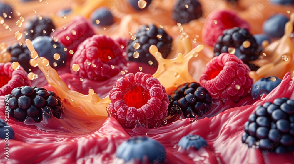Fresh berries splashing in colorful fruit juice on a vibrant surface Fresh berries splashing in colorful fruit juice on a vibrant surface