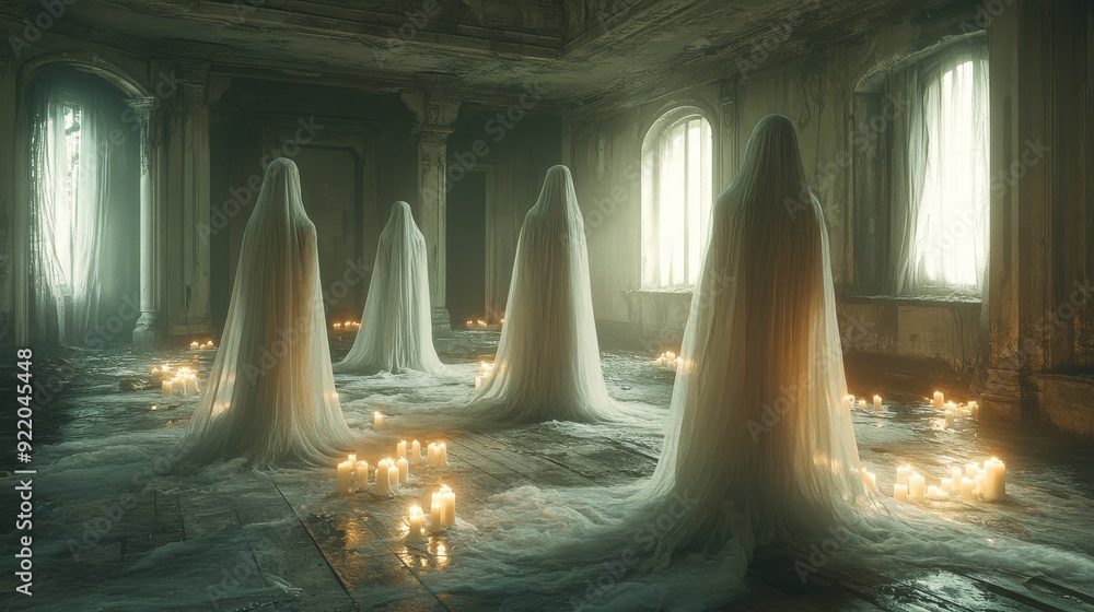 Ghosts standing in abandoned house with candles, 3d illustration Ghosts standing in abandoned house with candles, 3d illustration