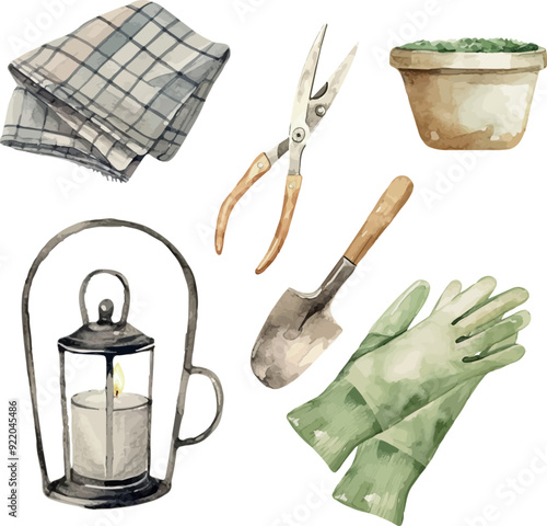 Vector Watercolor farm, composition, garden instruments, rural, country live, rustic, harvest, rubber gloves, secateurs, shovel, scoop, pot, towel, kerosene lamp, illustrations for farm set, invitatio