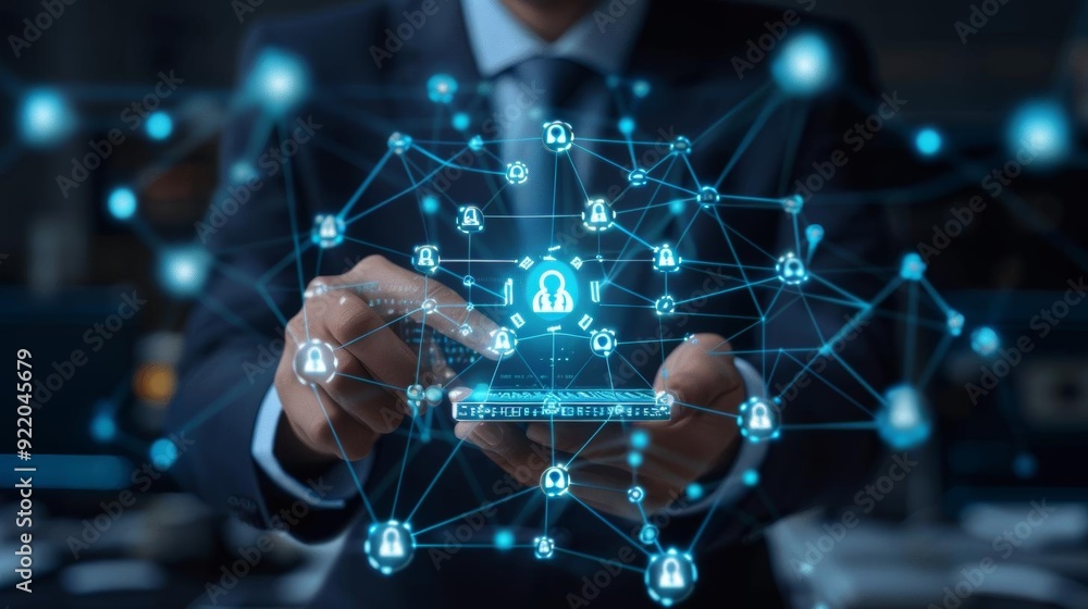 A businessman uses a smartphone to access a secure network. The phone is surrounded by a digital network of icons, representing online security and data protection. A businessman uses a smartphone to access a secure network. The phone is surrounded by a digital network of icons, representing online security and data protection.