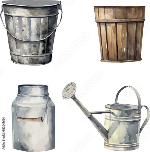 Vector Watercolor farm, clipart, composition, garden instruments, rural, country live, rustic, harvest, watering can, milk can, wooden can,  illustrations for farm set, invitation, greeting cards, bir
