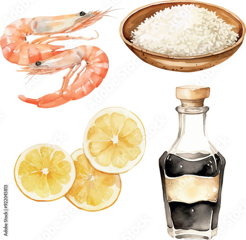 Vector Watercolor food, clipart, ingredients. Shrimps, lemon, bowl of rice, sauce. Illustrations for creative cooking, invitation, greeting cards, birthday, event, holiday, menu; cooking class; Master