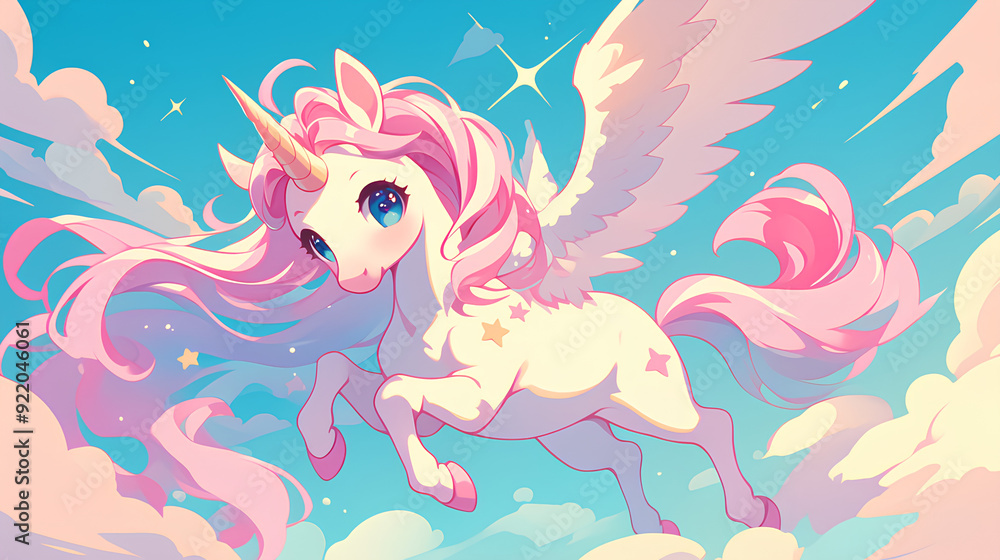 Obraz premium cute pinky unicorn colorful with blue sky background