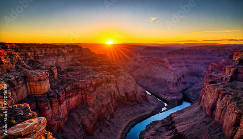 Golden hour paints Arizona's grand canyon with fiery hues, casting long shadows on sculpted rock formations