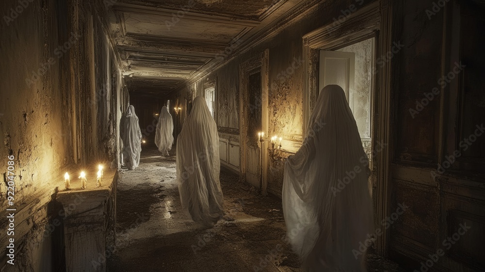 Obraz premium Ghosts walking in abandoned hotel corridor at night