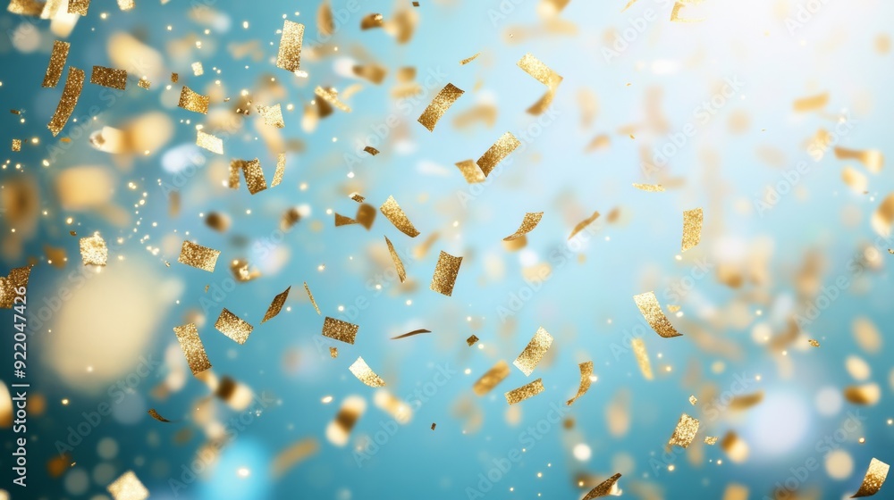 Golden confetti falling down celebrating success on blue background Golden confetti falling down celebrating success on blue background