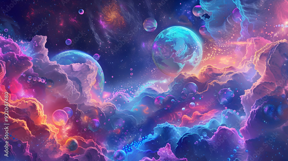Cosmic Cloudscape with Planets Illustration Cosmic Cloudscape with Planets Illustration