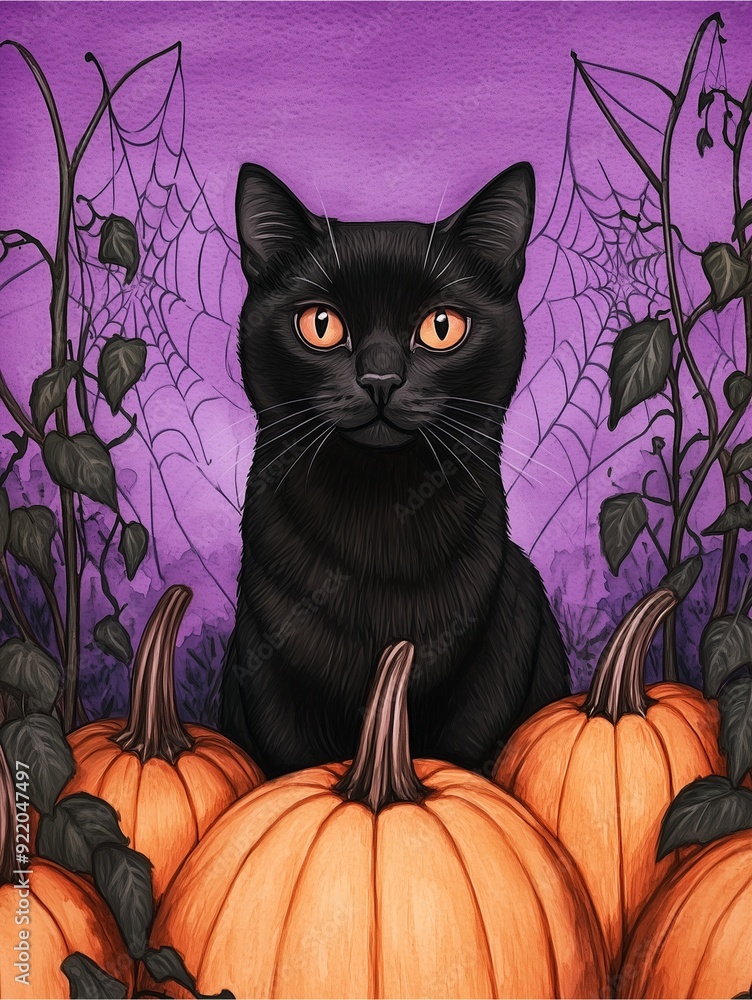 Black cat with a pumpkin on a Halloween-themed background, featuring a kitten with bright eyes, surrounded by purple background. Black cat with a pumpkin on a Halloween-themed background, featuring a kitten with bright eyes, surrounded by purple background.