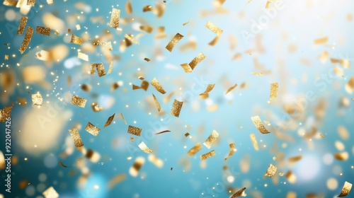 Golden confetti falling down celebrating success on blue background