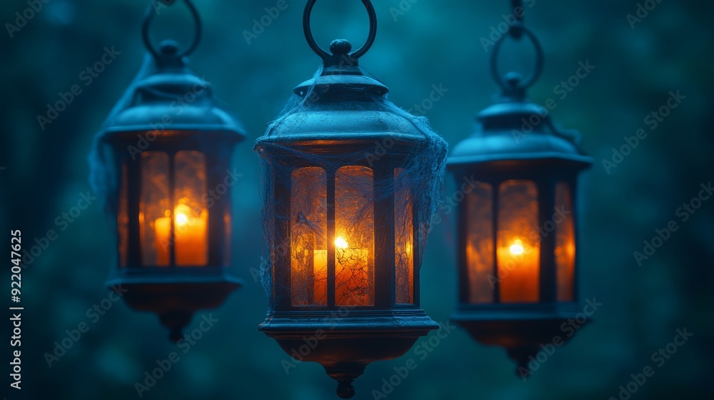 Three halloween lanterns hanging and glowing in the dark Three halloween lanterns hanging and glowing in the dark