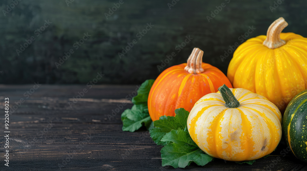 Colorful pumpkins arranged on a rustic wooden surface, featuring vibrant orange, yellow, and green varieties surrounded by fresh green leaves, perfect for autumn decor. Colorful pumpkins arranged on a rustic wooden surface, featuring vibrant orange, yellow, and green varieties surrounded by fresh green leaves, perfect for autumn decor.