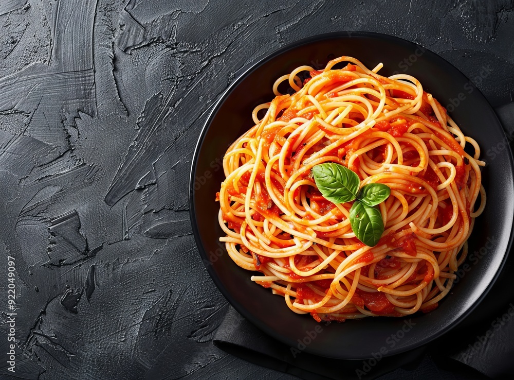 Photo of Spaghetti with tomato sauce in black bowl on dark background, top view. Space for text stock 