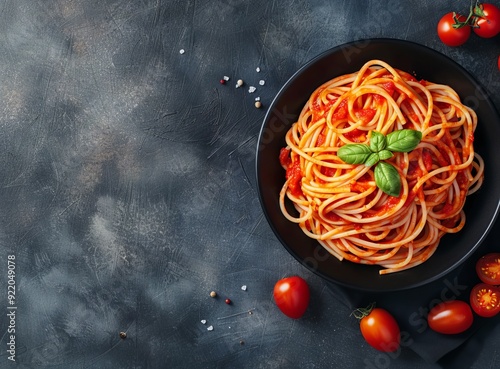 Photo of Spaghetti with tomato sauce in black bowl on dark background, top view. Space for text stock 