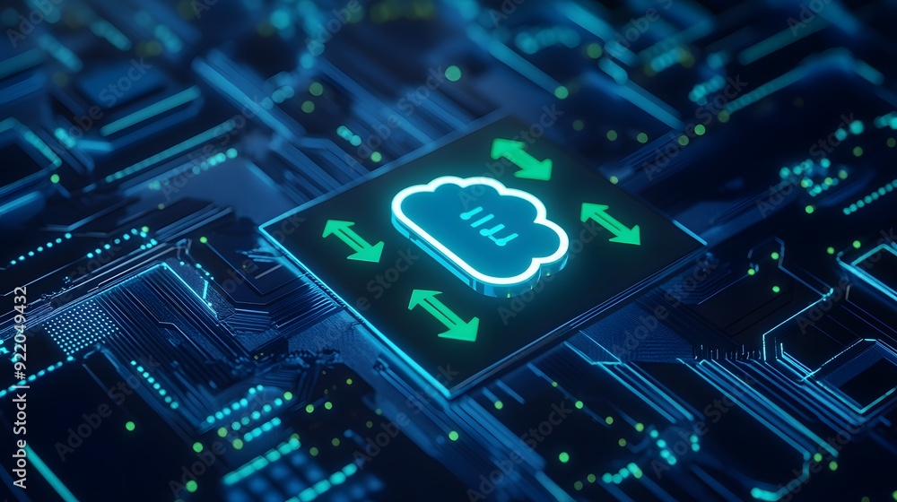 Futuristic circuit board with a glowing cloud storage icon, representing cloud computing and data transfer technology. Futuristic circuit board with a glowing cloud storage icon, representing cloud computing and data transfer technology.