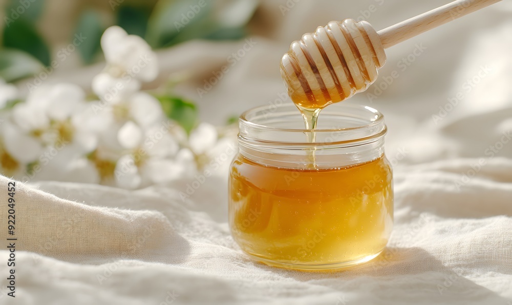 Honey dripping from the wooden honey stick into a glass jar, Generative AI Honey dripping from the wooden honey stick into a glass jar, Generative AI