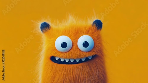 A friendly orange monster character smiles against a vibrant yellow background in a playful animation photo