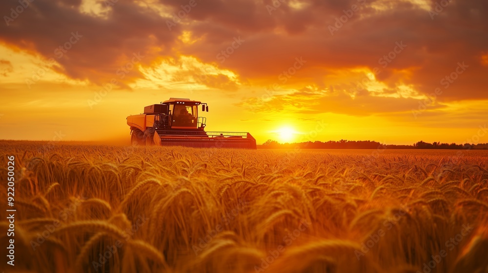 Fototapeta premium A combine harvester working in a golden wheat field during sunset