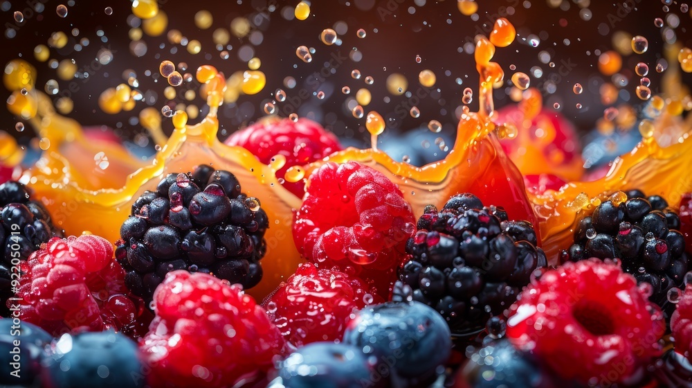 Vibrant splash of mixed berries with orange juice in a colorful arrangement Vibrant splash of mixed berries with orange juice in a colorful arrangement