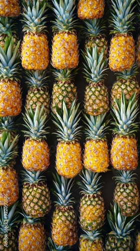 Many pineapples hanging forming a texture on black background